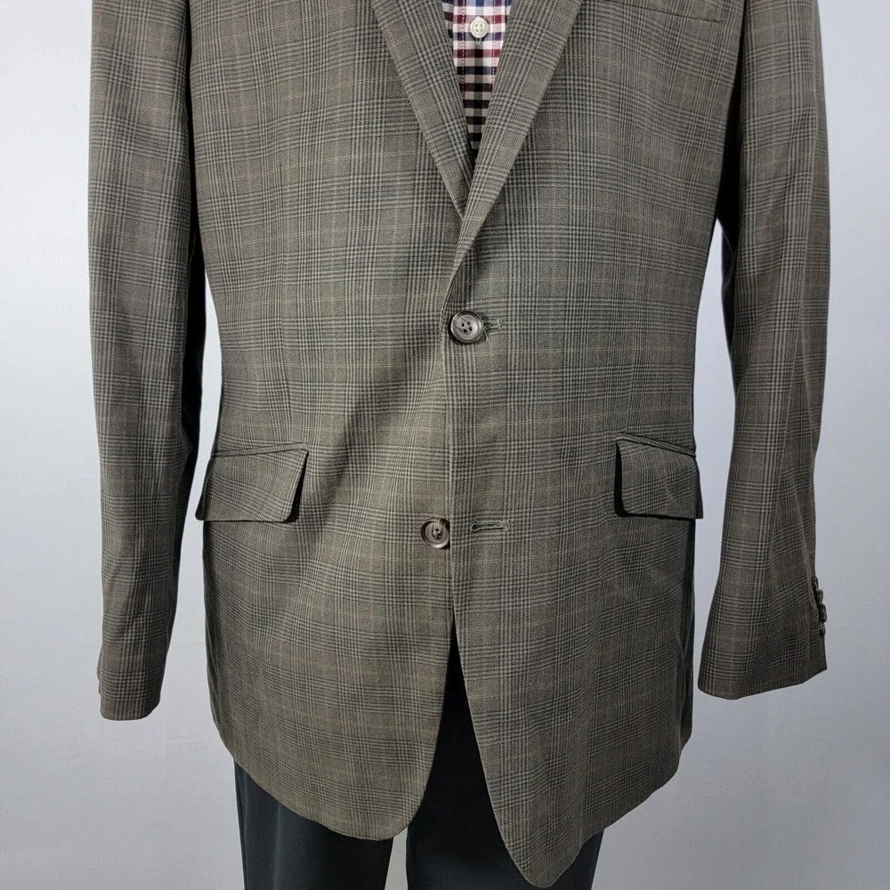 Haggar Mens Sport Coat Blazer Two Button Brown Plaid Cotton Poly Rayon Blend 44L